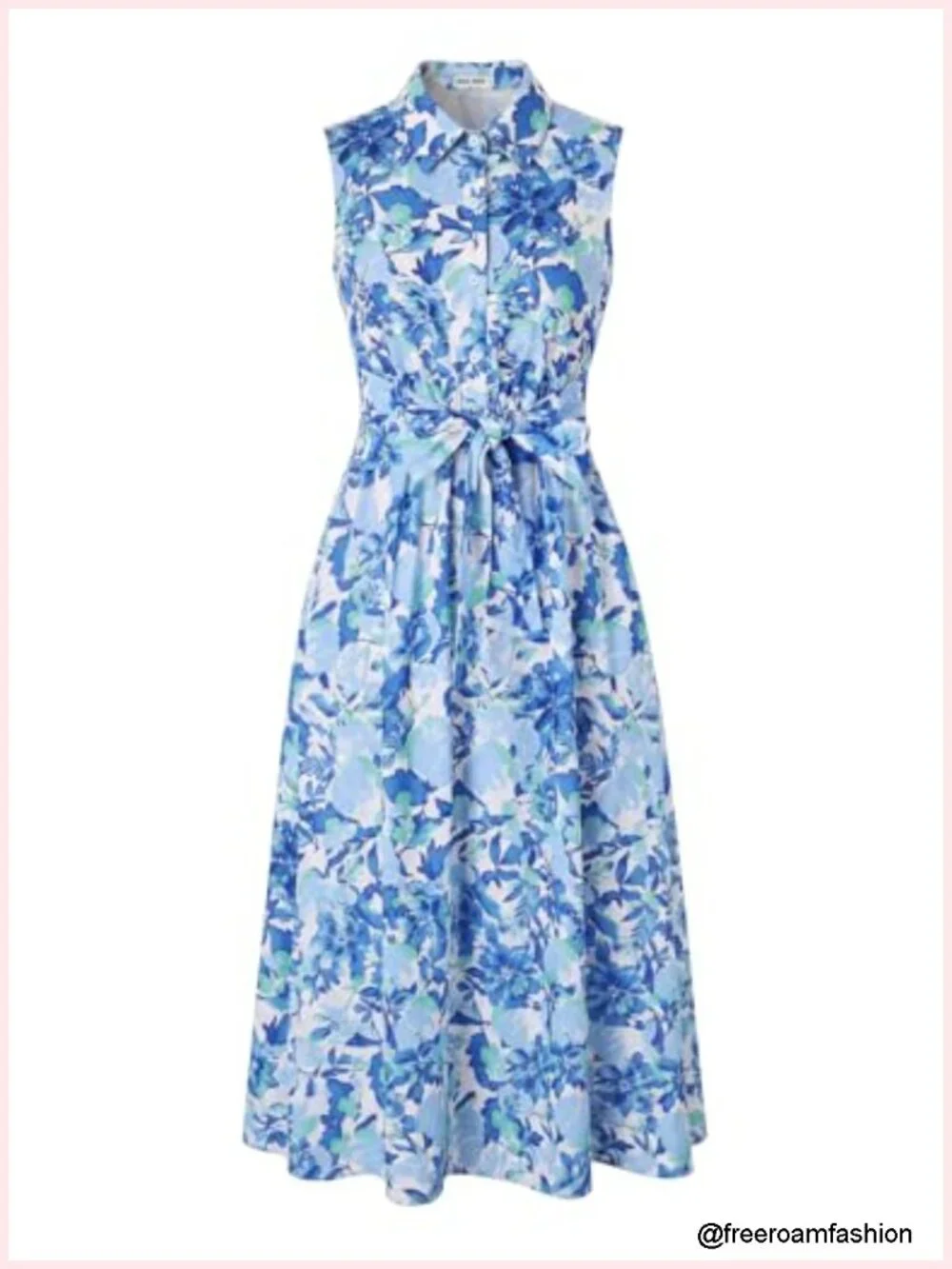 Sleeveless Floral Flowy A-Line Midi Dress with Pocket and Tie Belt